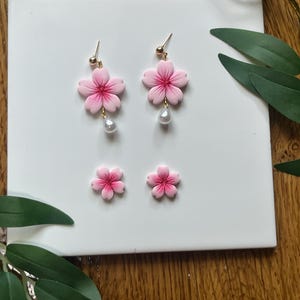 Cherry Blossom Dangle Earrings/ Floral Earrings/ Flower Polymer Clay Earrings/ Cherry Blossom Studs/ Elegant Clay Earrings